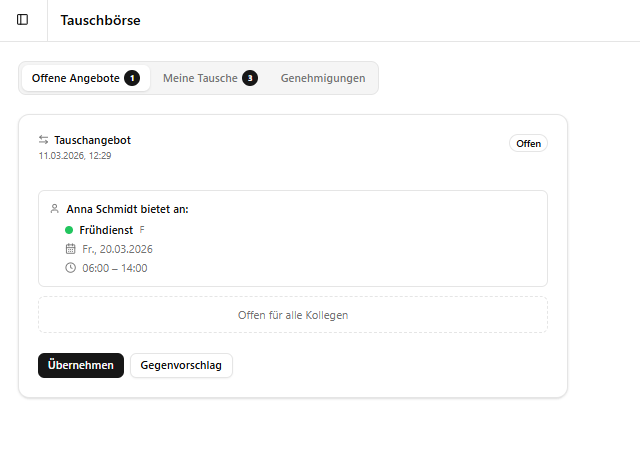 Kairos Tauschbörse — Schichten anbieten und von Kollegen übernehmen