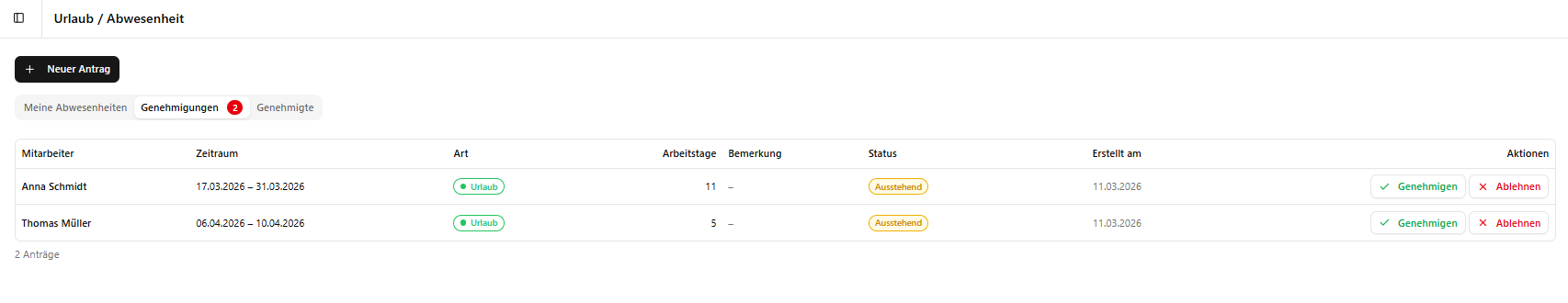 Kairos Urlaub — Anträge stellen, genehmigen und Kalenderübersicht